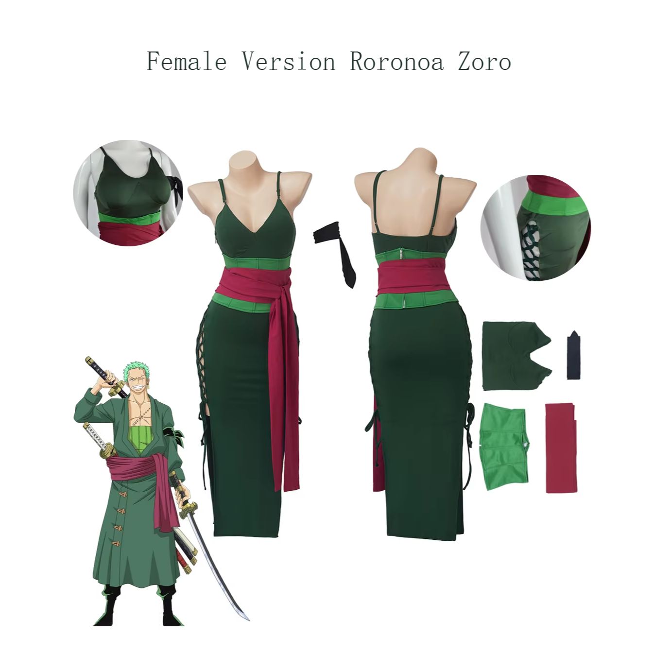 Cosplay Anime Zoro - 여성용 로로노아 조로 코스프레 의상, 녹색