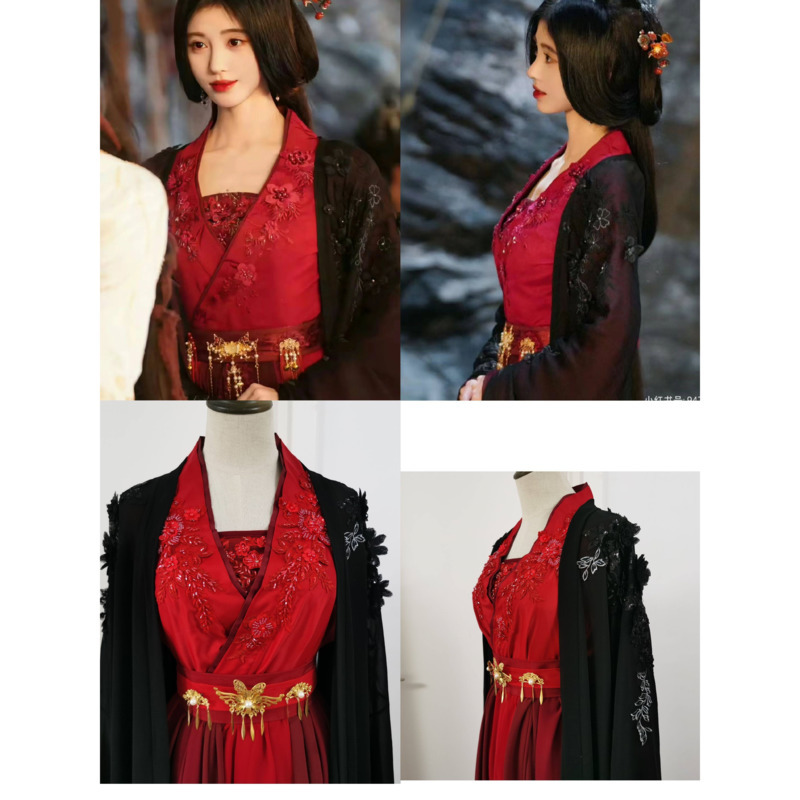 지우징이의 블랙 앤 레드 한푸 의상은 