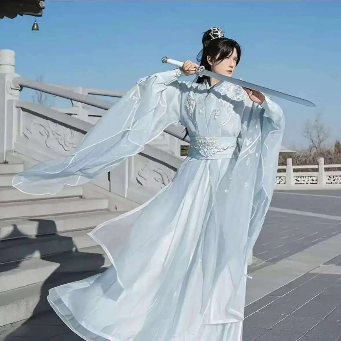 대형 3XL Hanfu 남자 중국어 수 놓은 흰색 코스 - Anime Cosplay In Chinese 리뷰 및 가격